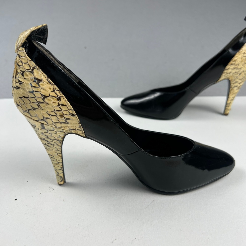 Jasmin Pumps Womens 8B Black Patent Snakeskin Print Stiletto Heels Vintage 80s